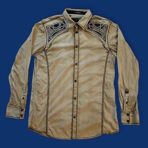 Vtg ROAR Beige Crystal Clear Embroidered Distressed Rockabilly Western Shirt